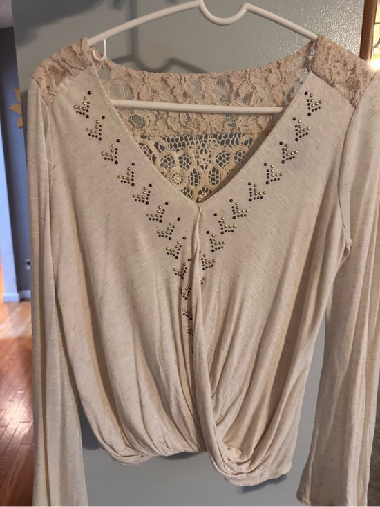 Stoosh Tops - Stoosh Cream Lace-Back Twist Hem Long-Sleeve Top with Stud Detail